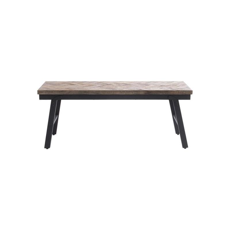 Stijlvolle inklapbare Visgraat Bank van teakhout met zwart ijzeren poten, perfect voor uw eettafel binnen of buiten in naturel.