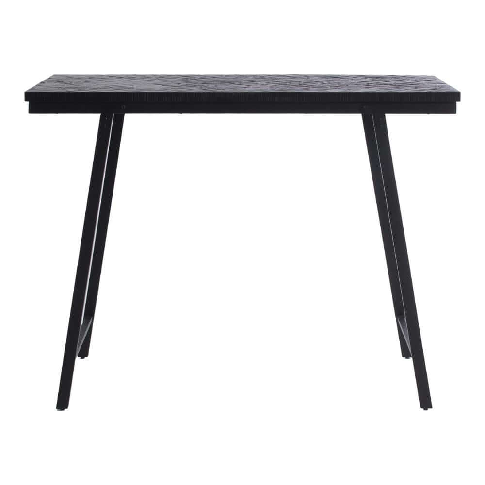 Zwarte visgraat hoge tafel van teakhout en ijzer, 140cm, ideaal voor binnen of overdekt buiten als eettafel.