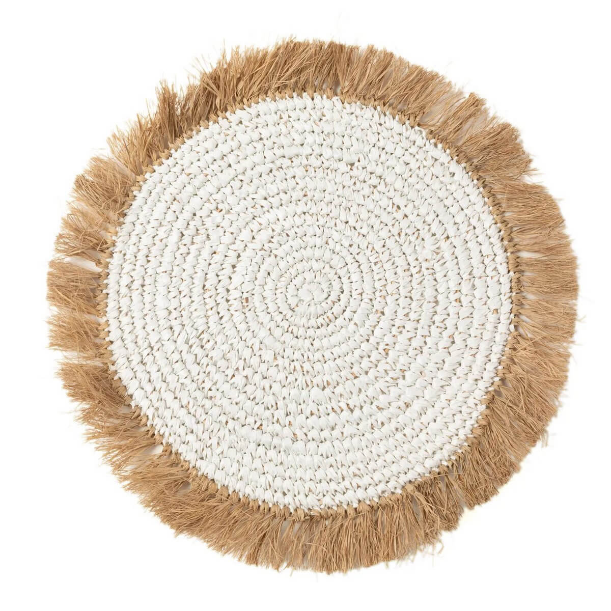 Bohemian white and natural placemat made of raffia and water hyacinth, perfect for coastal decor. Diameter 45cm, handwoven charm.