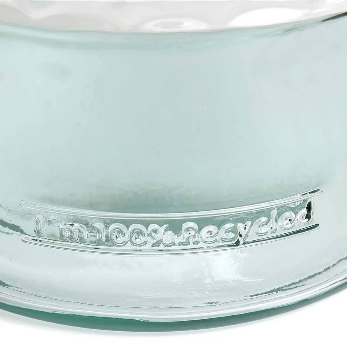 Close-up of a glass bottle embossed with 'I'm 100% Recycled' showcasing sustainable materials.