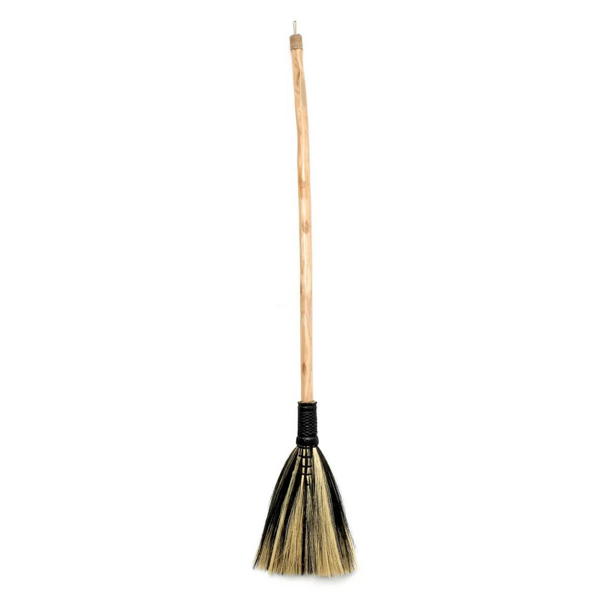 Bohemian Indonesian broom made from natural grass and wood, in black and grey, perfect for decorative interior use.