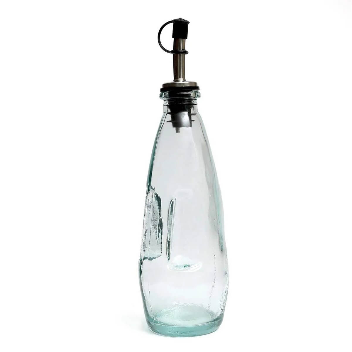 Bohemian style blue glass olive oil bottle with spout, perfect for mess-free pouring. Adds elegance to any kitchen countertop.