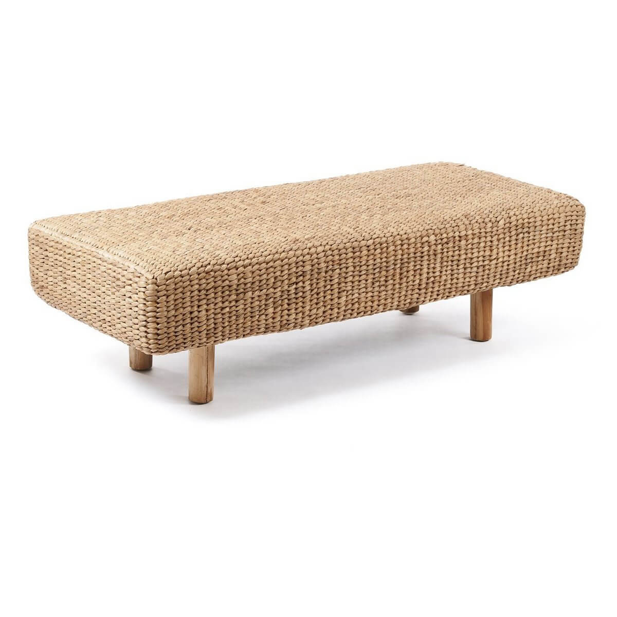 Bohemian bench made of eco-friendly water hyacinth fibers, showcasing a natural woven texture and sustainable design.