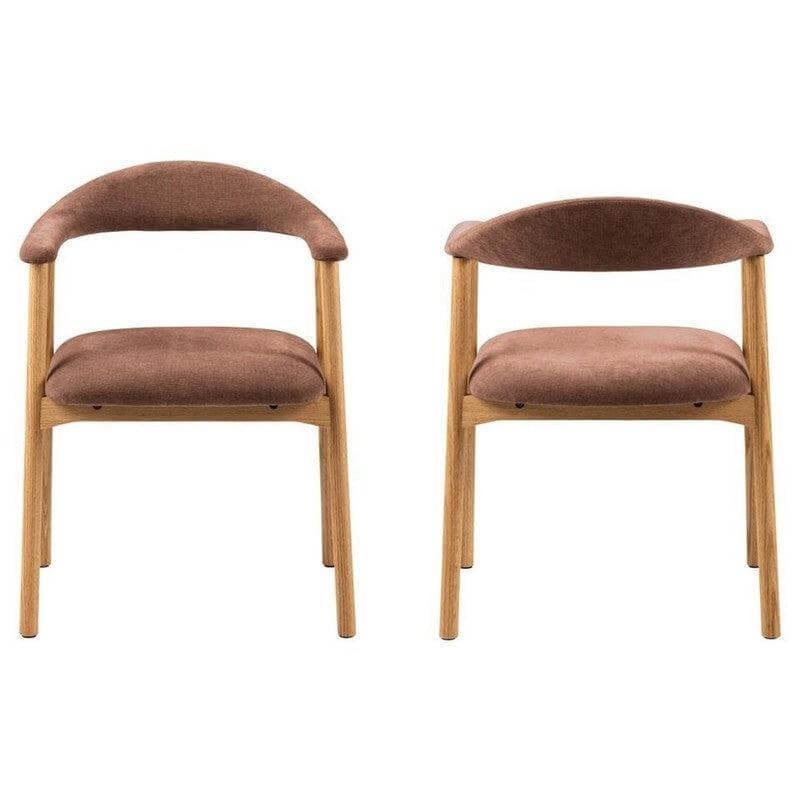 Twee eetkamerstoelen Ella met armleuningen in terracotta stof en eikenhouten frame voor stijlvolle eetkamers.