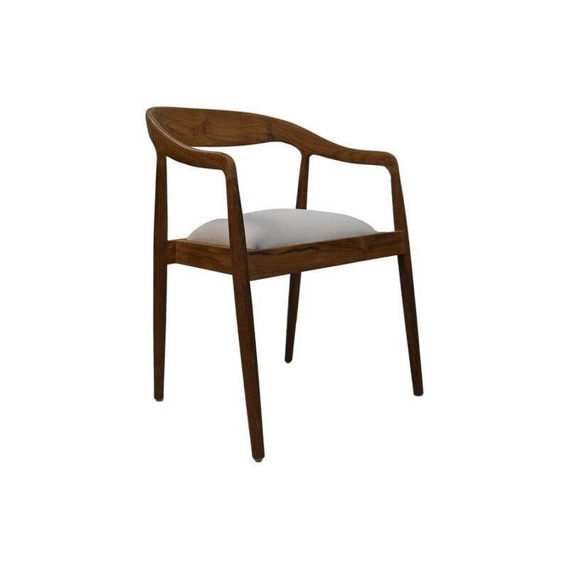 Elegant Wifera eetkamerstoel van teakhout met witte zitting, UV en waterbestendig, perfect voor binnen en buiten.