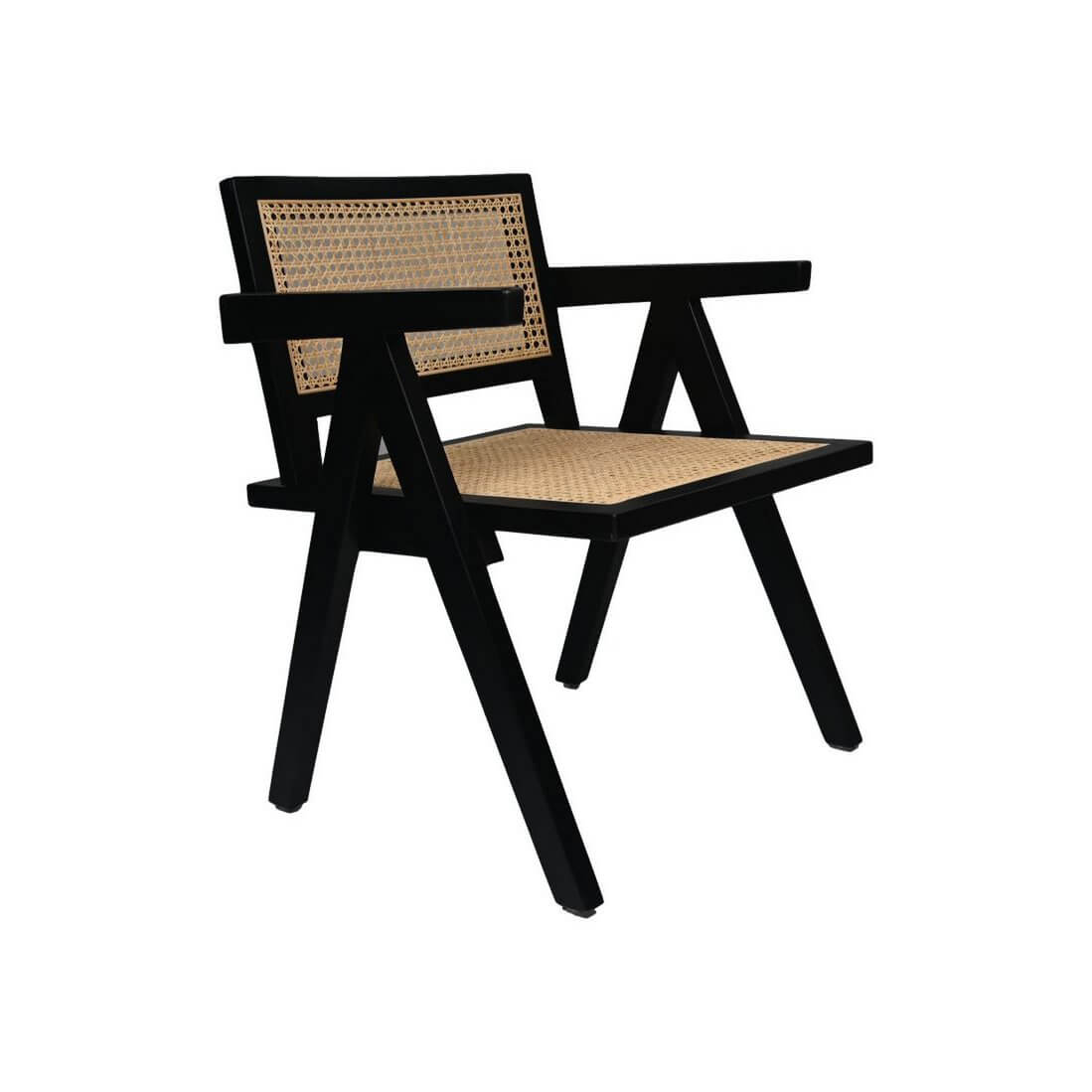 Trendy fauteuil van mahoniehout met rotan zitting, zwart/naturel, voor bohemian sfeer in huis.