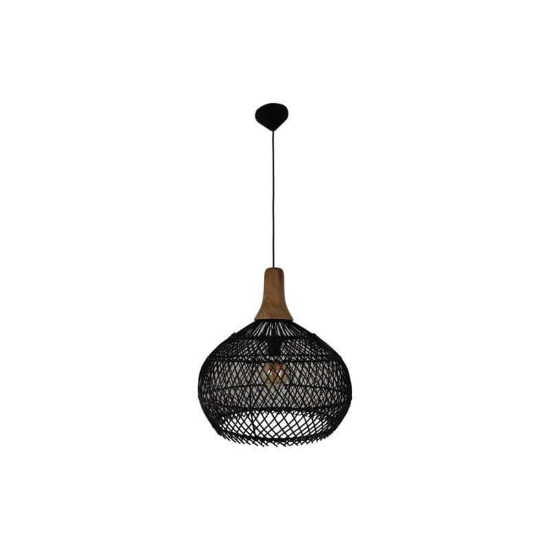HSM Collection hanglamp van rotan en teak, zwart en natuurlijke kleuren, 43x43x46 cm, E27 fitting, geen lichtbron inbegrepen.