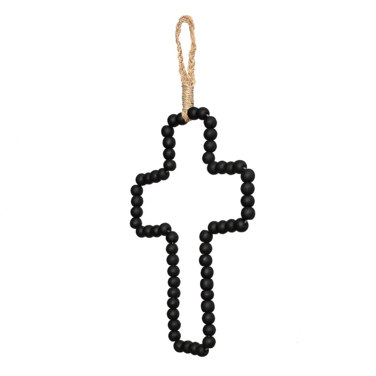 Handmade black wooden bead cross by Bazar Bizar Living, perfect for Bohemian decor. Dimensions: 22x40cm, lightweight at 150g.