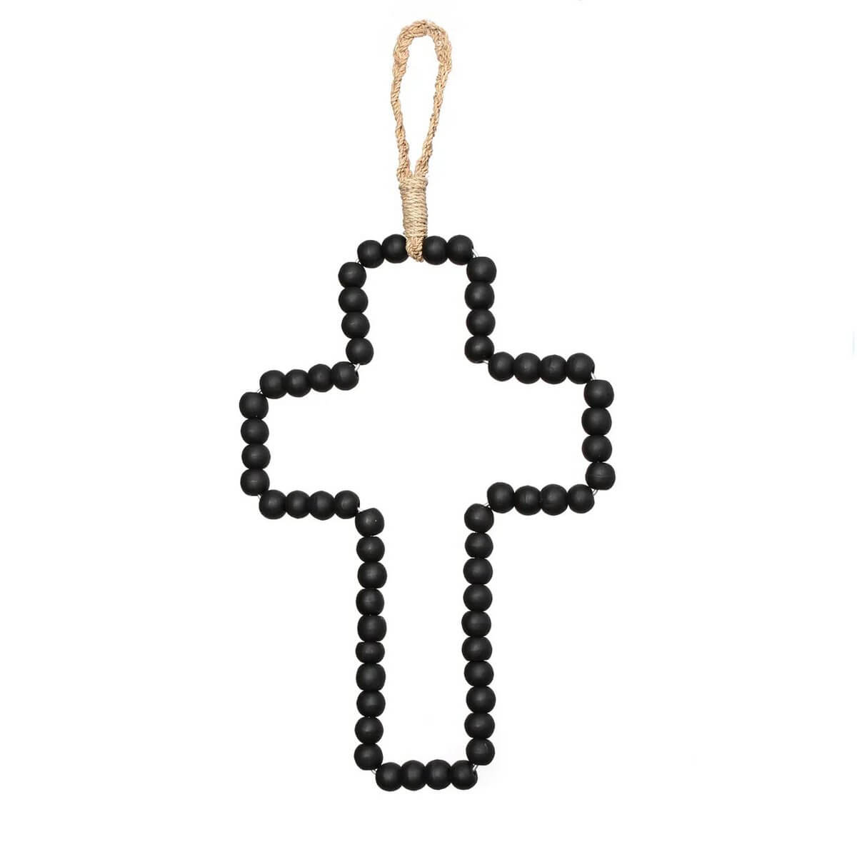 Handmade black wooden bead cross with jute loop from Bazar Bizar Living, perfect for Bohemian decor. Size: 22x1x40cm.