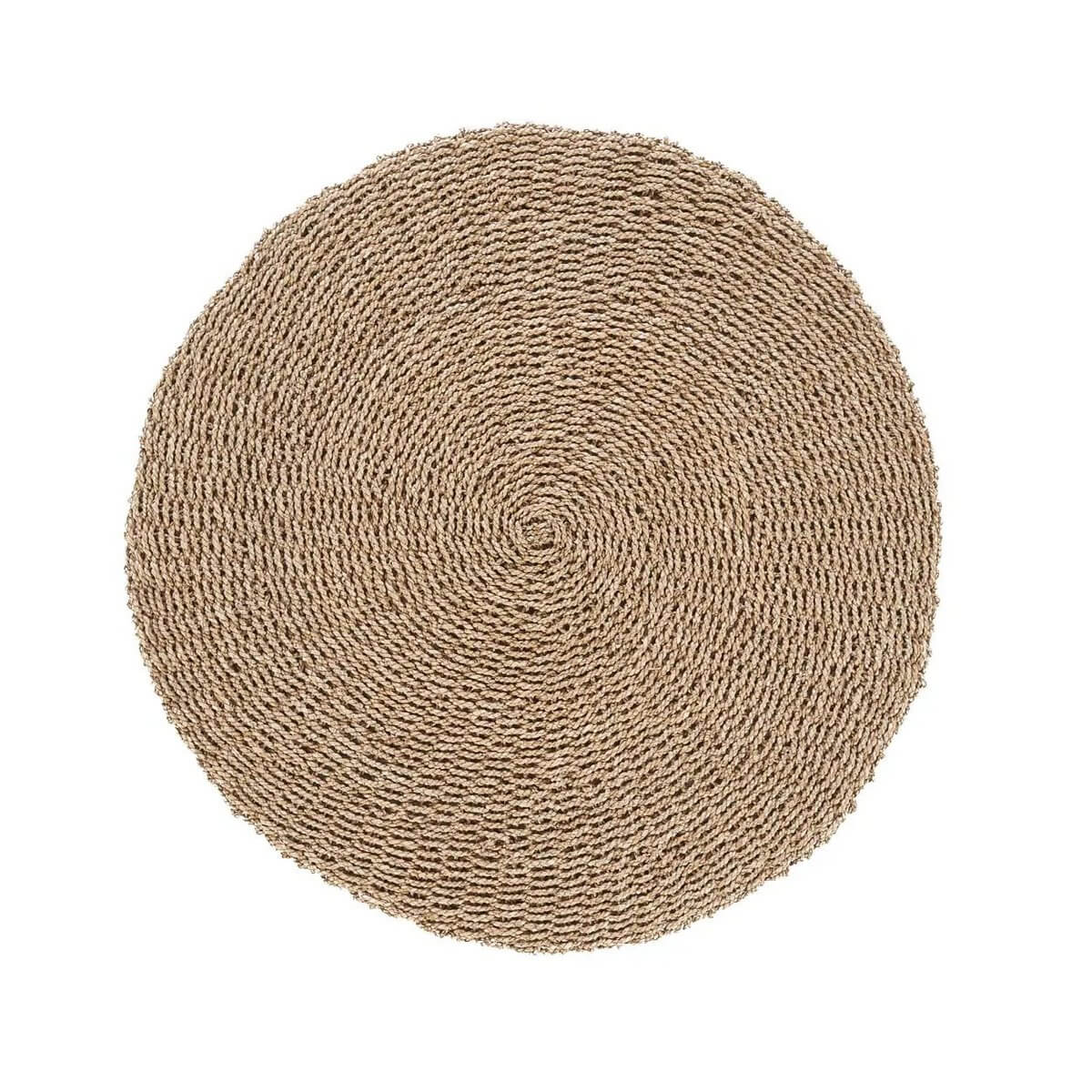 Round natural sisal rug with earthy tones, perfect for adding a Bohemian charm to any room.