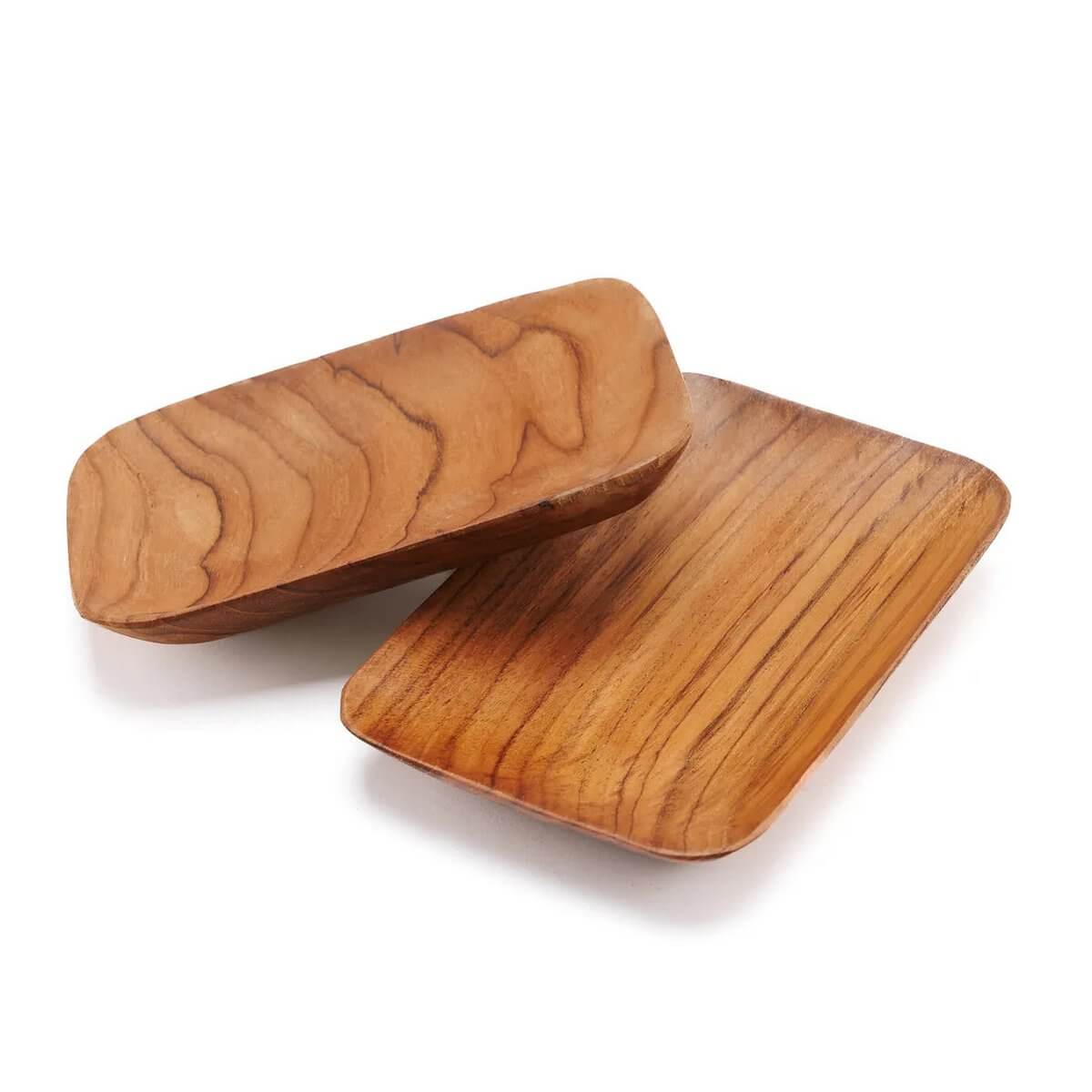 Bohemian handmade rectangular side dish made from sustainable teak root, showcasing unique wood patterns, perfect for snacks or decor.