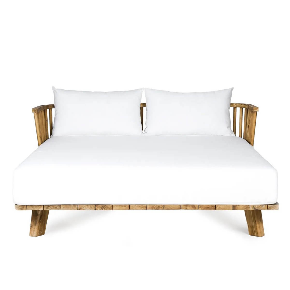 Bohemian outdoor double daybed in natural white with reclaimed teak wood and water-repellent cushions, perfect for relaxation.