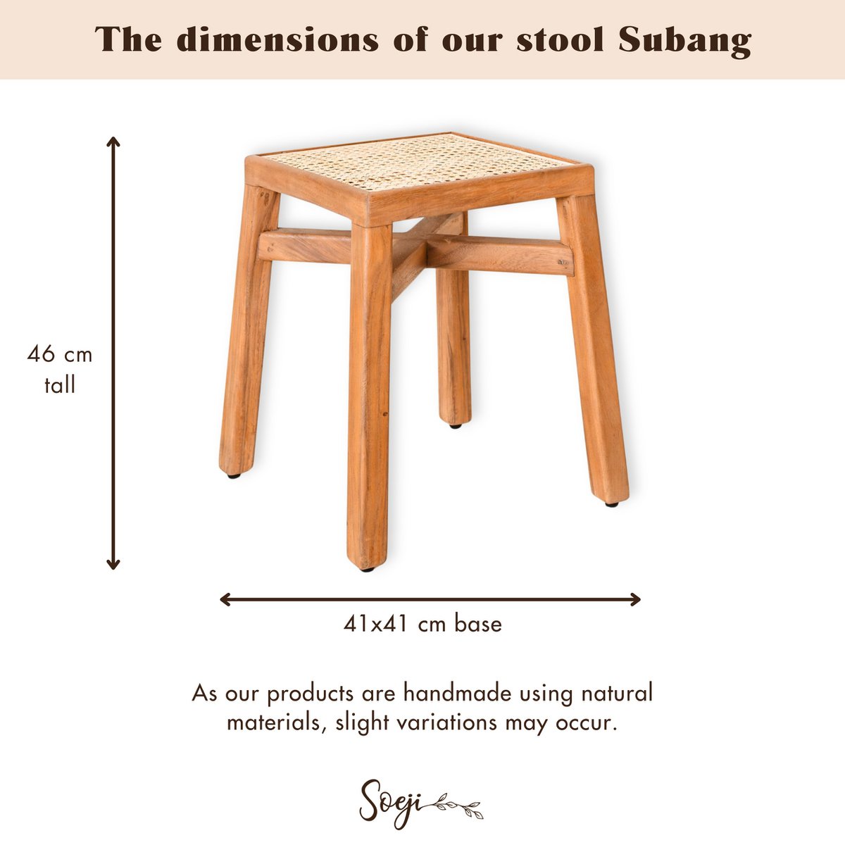 Houten kruk SUBANG met rotan van regenboomhout-kruk-Soeji-Ik Hout ervan.