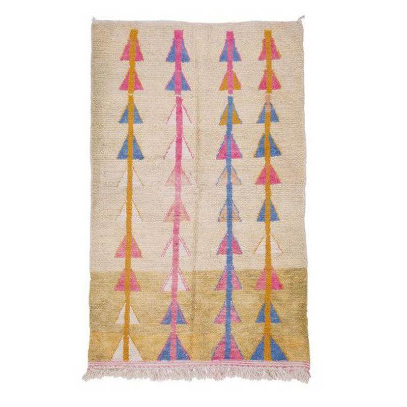 Marokkaans Berber Azilal vloerkleed R233 met symmetrisch patroon en kleurrijk design, perfect voor kinderkamers, afmeting 2,25x1,35m.