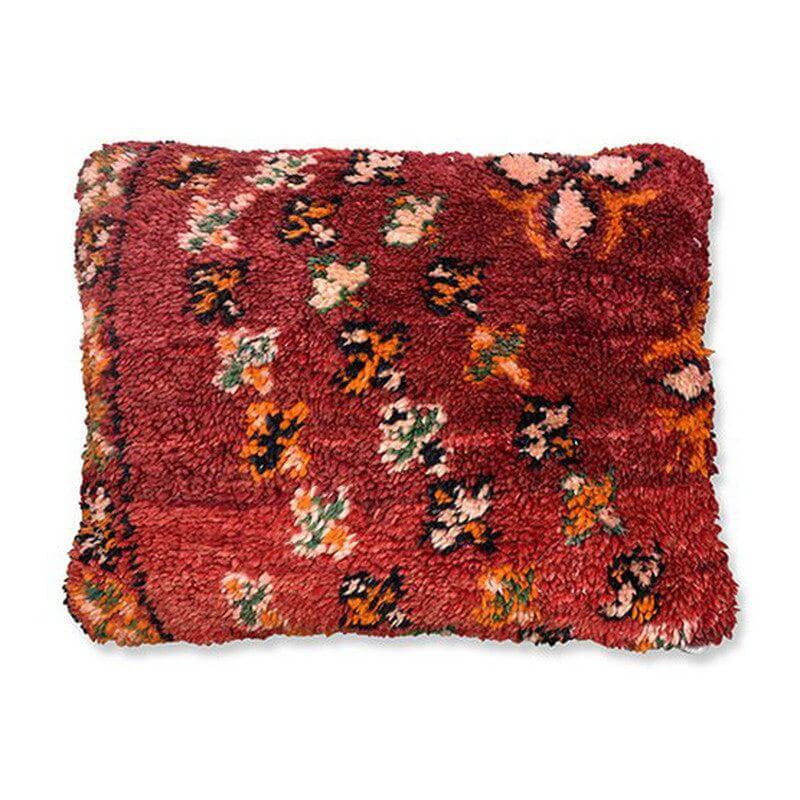 Handgemaakt Marokkaans kussen van vintage Berberkleed met kleurrijk patroon. Eyecatcher voor woon- of slaapkamer.