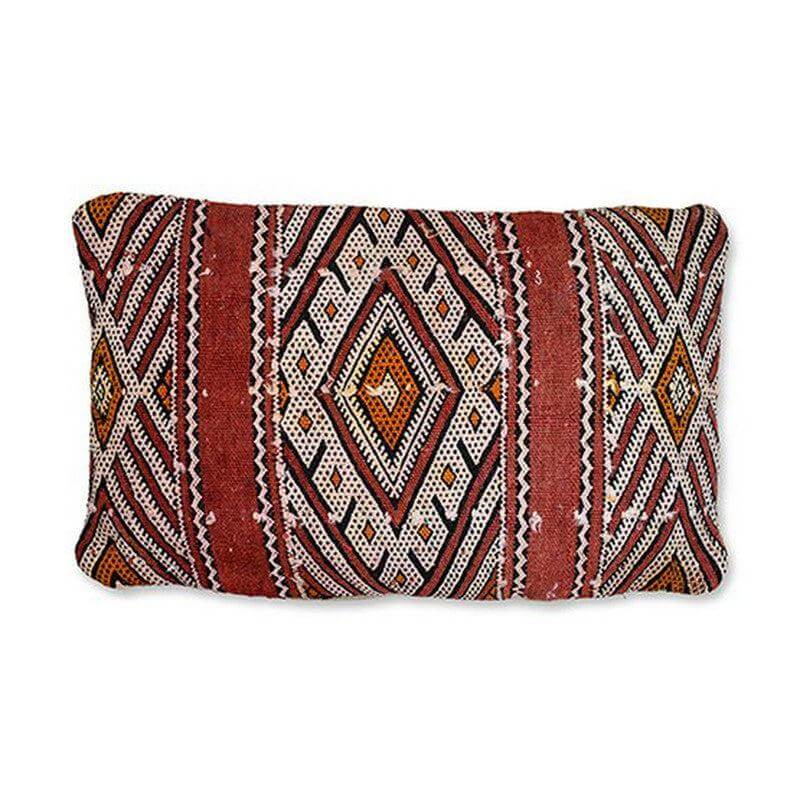 Vintage Marokkaans kussen, handgemaakt van Berberkleed, met uniek patroon in rood, oranje en zwart - Eyecatcher voor de kamer.