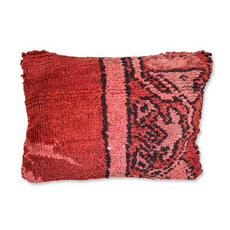 Handgemaakt Marokkaans kussen P691, uniek en vintage, gemaakt van een Berberkleed, rood met zwart patroon, eyecatcher voor interieur.