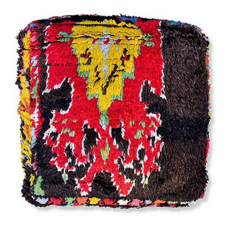 Marokkaans vloerkussen van vintage Berberkleed, uniek en handgemaakt; kleurrijk design met bohemian stijl voor woon- of slaapkamer.