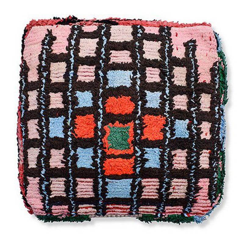 Uniek handgemaakt Marokkaans vloerkussen, bohemian stijl, kleurrijk vintage berberkleed, eyecatcher voor woon- of slaapkamer.