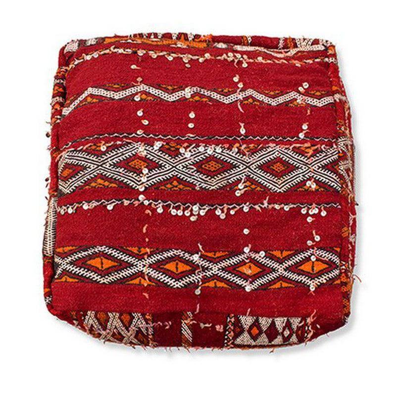 Marokkaans vloerkussen, uniek handgemaakt van vintage berberkleed, rood met traditionele patronen, bohemian stijl.
