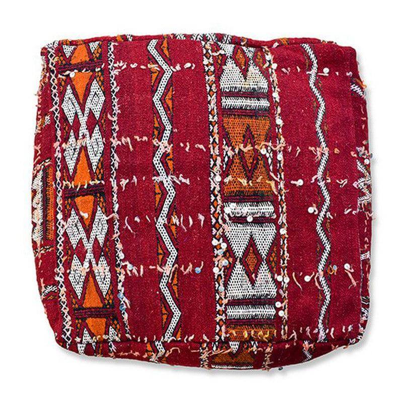 Marokkaans vloerkussen met bohemian patronen, uniek en handgemaakt van vintage berberkleed, rood met kleurrijke geometrische ontwerpen. K1175