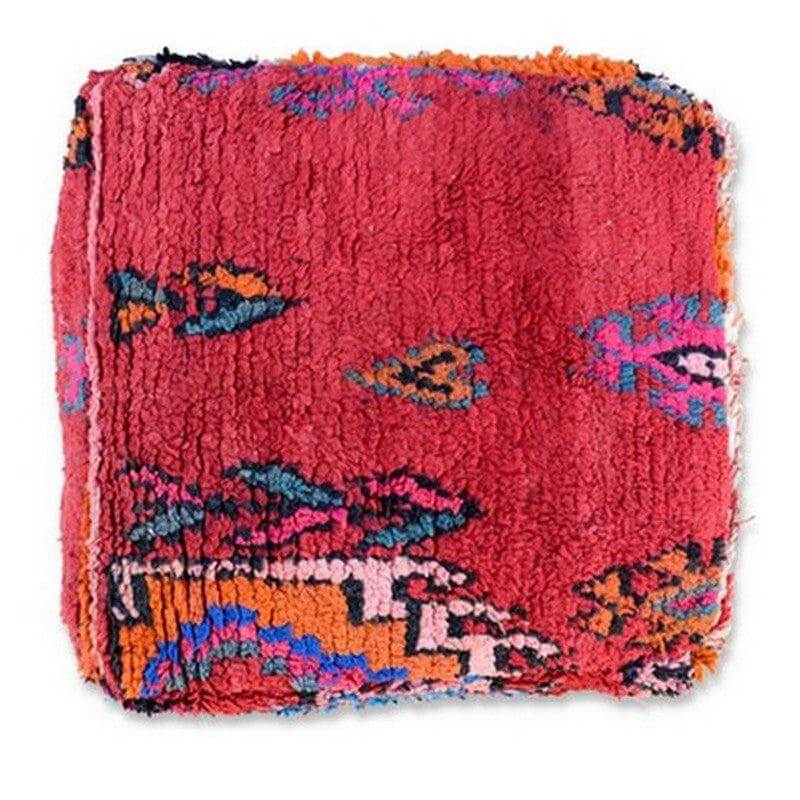 Marokkaans vloerkussen K877 gemaakt van vintage Berber tapijt met kleurrijk bohemian patroon, unieke handgemaakte woondecoratie.
