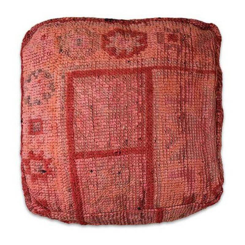 Marokkaans vintage vloerkussen k621 met bohemian stijl, rood patroon en unieke handgemaakte Berber details voor woonkamer sfeer.