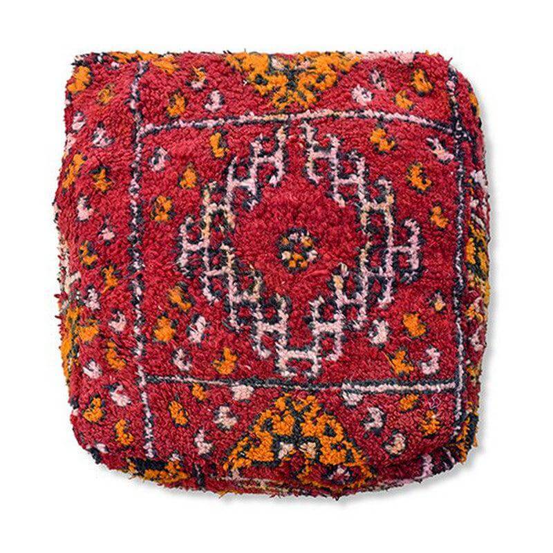 Vintage Marokkaans vloerkussen K1218, bohemian stijl met unieke Berber kleed design, rood en oranje tinten, handgemaakt.