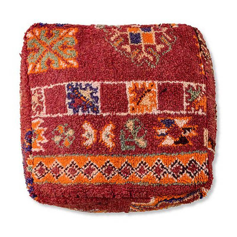 Marokkaans vloerkussen vintage, uniek handgemaakt design, bohemian sfeer in rood en oranje tinten, K1224 voor woon- of slaapkamer.