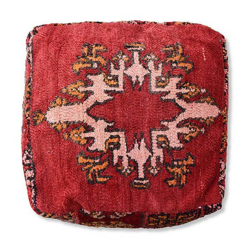 Marokkaans vloerkussen vintage met bohemian patroon, gemaakt van een Berberkleed. Eyecatcher voor woon- of slaapkamer, uniek design.
