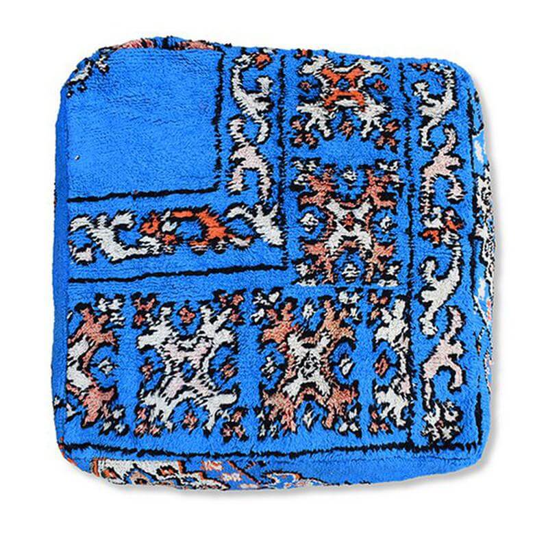 Marokkaans vloerkussen vintage in blauw met bohemian patronen, handgemaakt van berberkleed voor unieke woondecoratie.