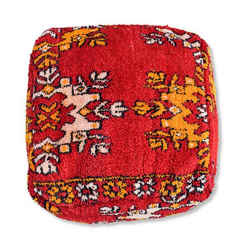 Authentiek Marokkaans vloerkussen vintage in warme rood-oranje tinten, handgemaakt van Berberkleed, bohemian sfeer K1247.