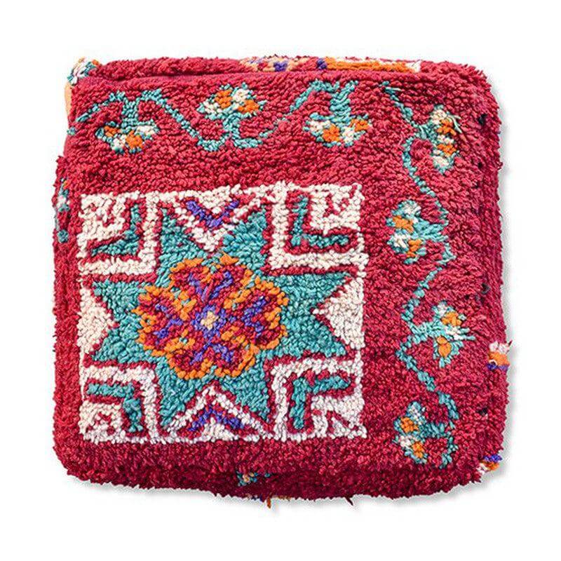 Marokkaans vloerkussen vintage met kleurrijk patroon, perfect voor bohemian sfeer in huis. Handgemaakt en uniek decoratiestuk.