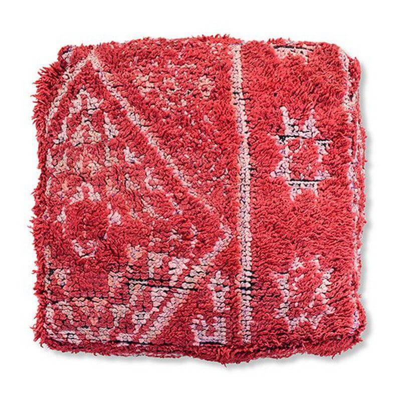 Marokkaans vloerkussen vintage K1298 met bohemian stijl, handgemaakt van Berberkleed in warme tinten voor unieke sfeer.
