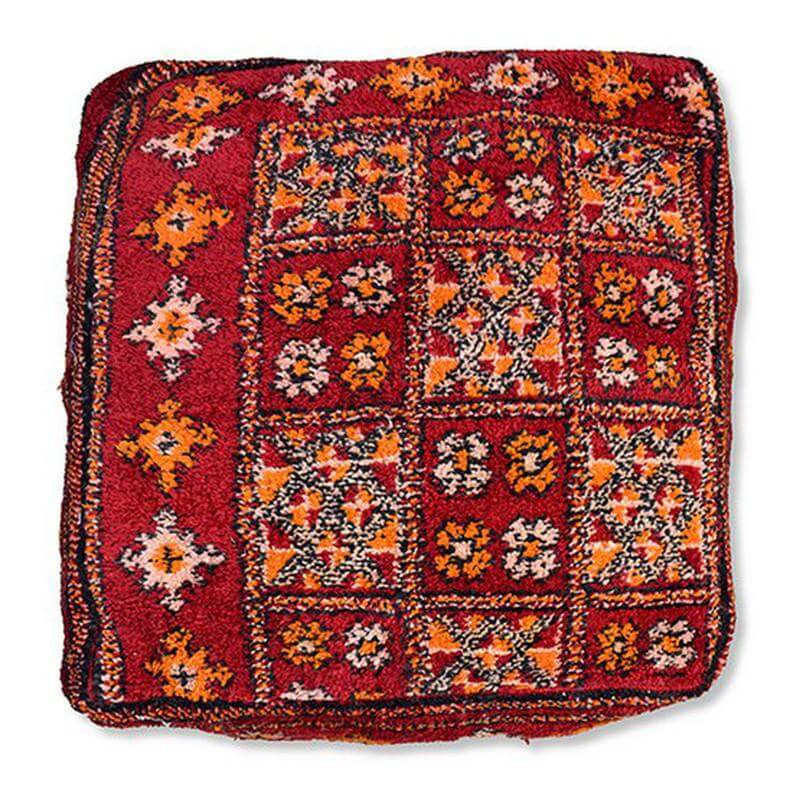 Marokkaans vloerkussen vintage - K1342, bohemian stijl, uniek Berber design, handgemaakt, rood en oranje patronen.
