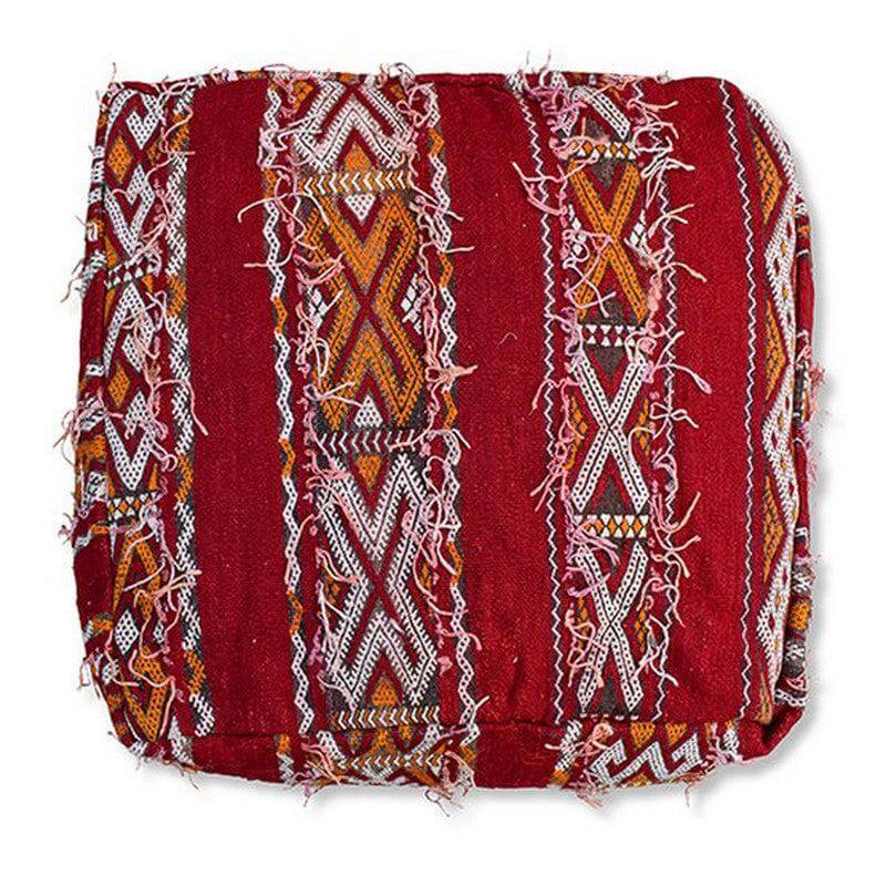 Vintage Marokkaans vloerkussen met kleurrijk Berber-patroon, een uniek handgemaakt woonaccessoire voor bohemian interieurstijl.