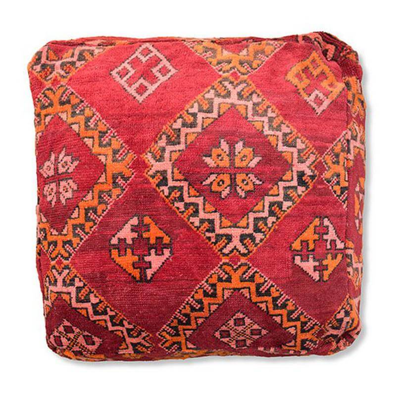 Vintage Marokkaans vloerkussen K1391 met kleurrijk Berberpatroon, perfecte bohemian toevoeging voor huisdecoratie.