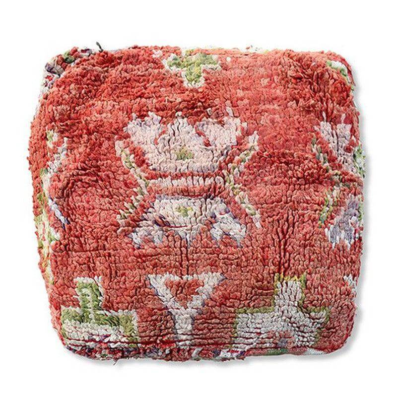 Vintage Marokkaans vloerkussen, handgemaakt en uniek, bohemian stijl, rood met kleurrijke patronen K1413.