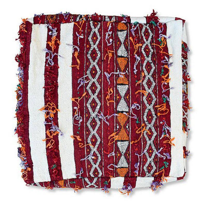 Handgemaakt Marokkaans vloerkussen vintage stijl, rood en wit met bohemian patronen, uniek en origineel item, gemaakt van Berberkleed.