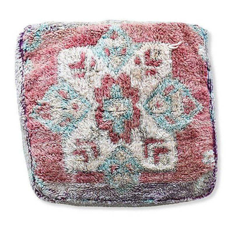 Marokkaans vloerkussen vintage K1453 met warme kleuren en authentieke stijl, handgemaakt van katoen en wol, 50 cm diameter.