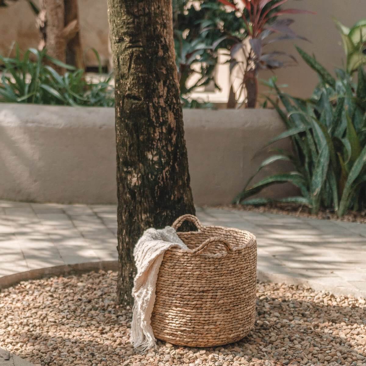 Opbergmand BALAI van waterhyacint met handvatten naast boom, ideaal voor was of planten. 100% handgemaakt en eerlijke handel.