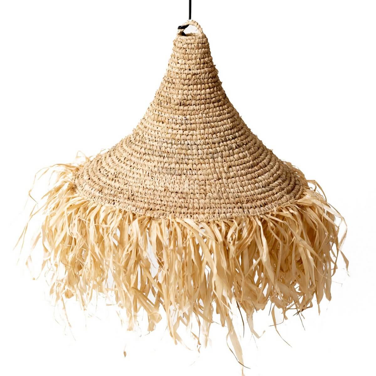 Raffia lampenkap RUMBAI met franjes, handgemaakt uit duurzaam raffia, creëert warme patronen, 40 cm doorsnede, 30 cm hoog.