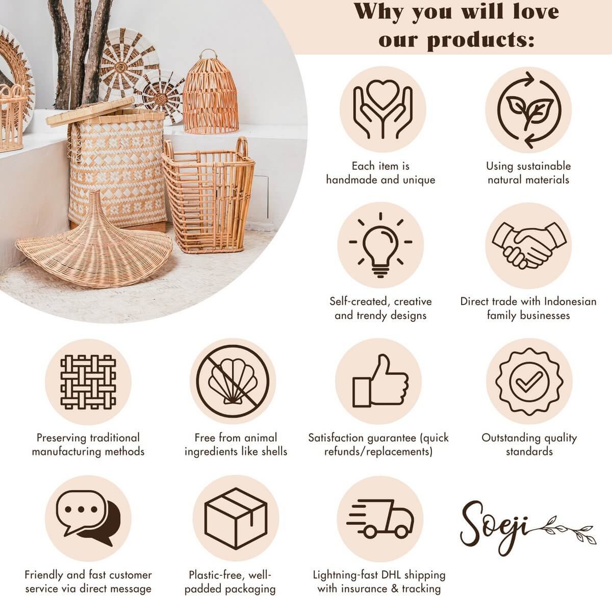 Handmade rattan goods with eco-friendly and unique designs; benefits include sustainability, quality, and fast shipping.