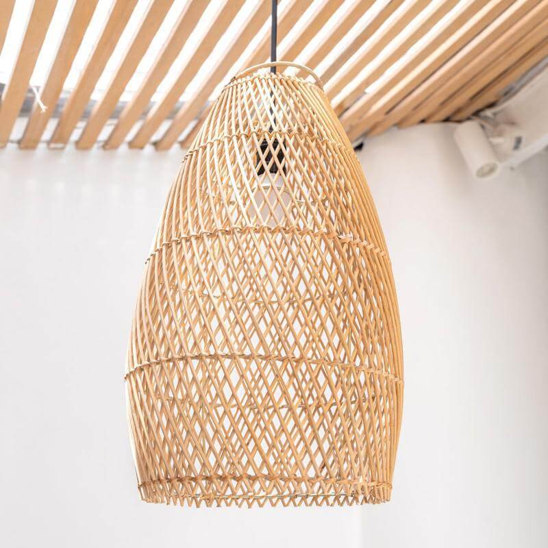 Rotan plafondlamp Boho stijl, handgemaakte lampenkap Tabung, elegant geweven patroon, duurzaam en plasticvrij, 24 cm x 42 cm.