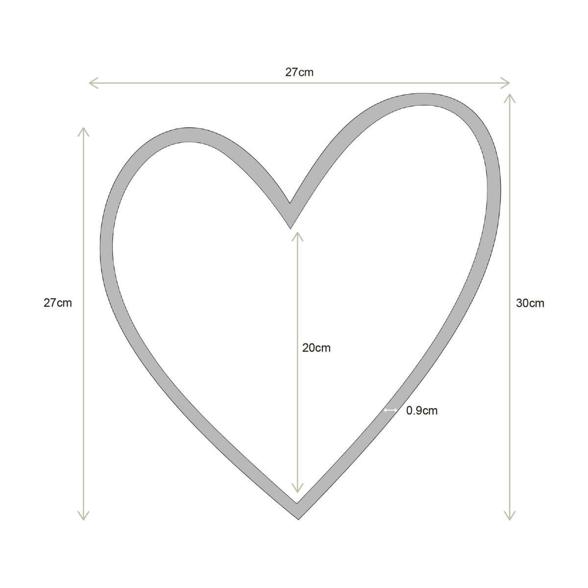 Heart-shaped diagram with dimensions: 27cm width, 30cm height, and 0.9cm frame, illustrating a Bohemian-style mirror design.