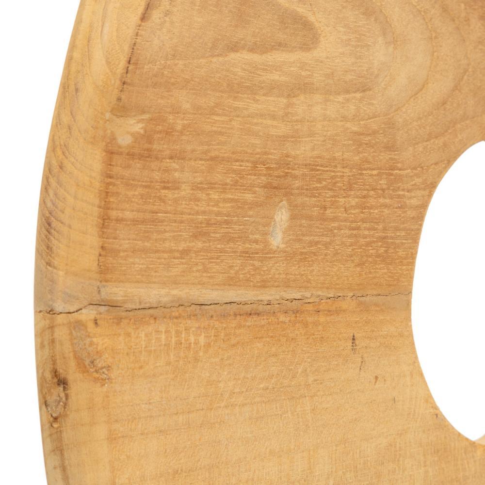 Teakhouten cirkel op standaard, eco-vriendelijke decoratie voor Ibiza interieur, natuurlijk en duurzaam design.