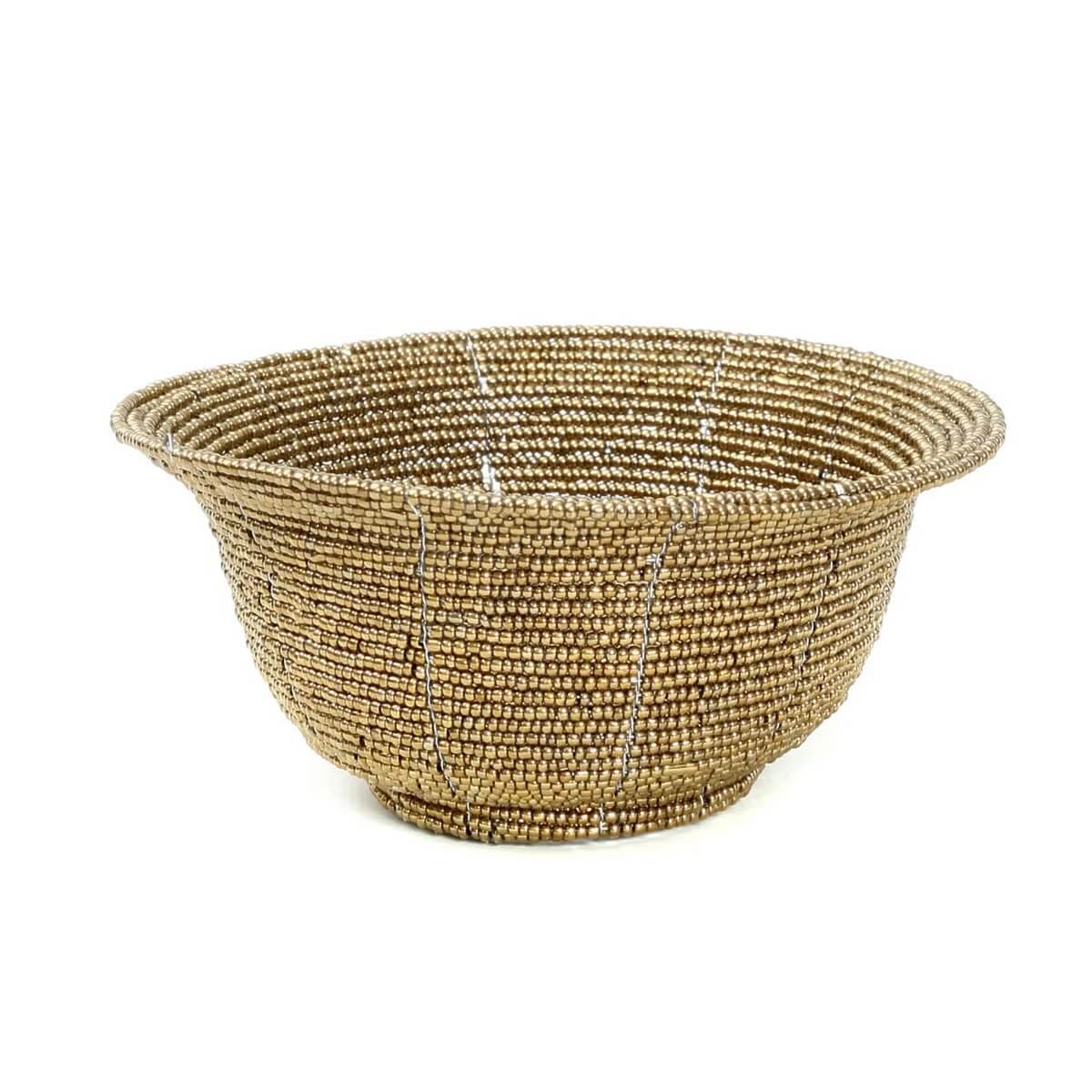 Bohemian-style handmade beaded bowl in gold, perfect for decor or storage in any room