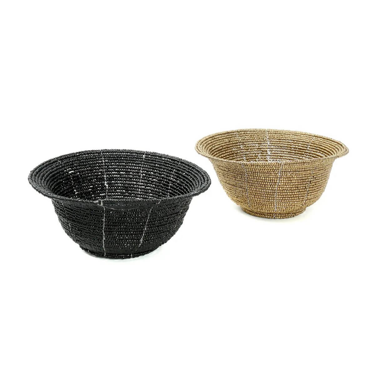 Bohemian beaded bowls in black and beige, perfect for home decor or storage, adding a chic aesthetic to any room.
