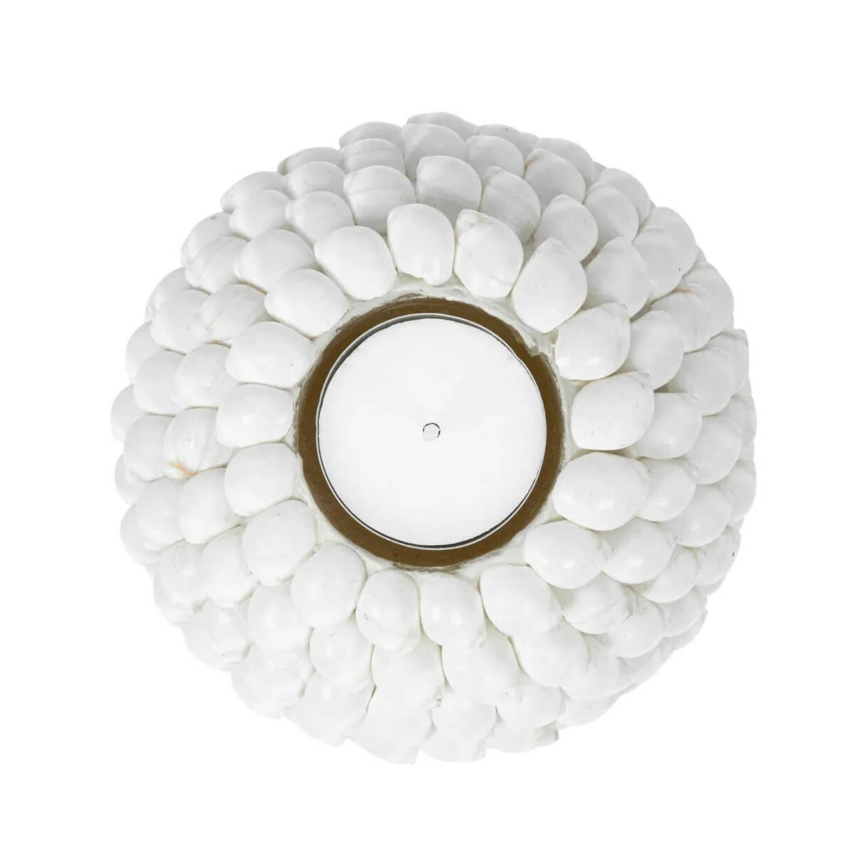 Bohemian Bubble Candle Holder L, handmade with coastal shells. Round, white design by Bazar Bizar Living, 12cm dimensions.