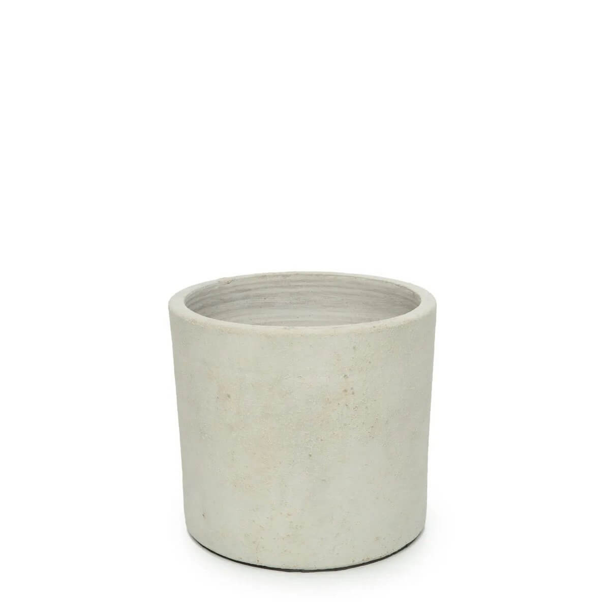 Bohemian style terracotta planter in soft grey, crafted in Bali, with a chic cylindrical design and textured finish.